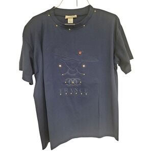 LTX Sportswear France Vintage Navy Blue Graphic T-Shirt XL Beaded Rhinestones
